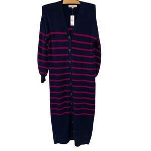 Ann Taylor LOFT | Duster Cardigan Sweater Long Sleeve Stripes Navy Pink NWT- Med